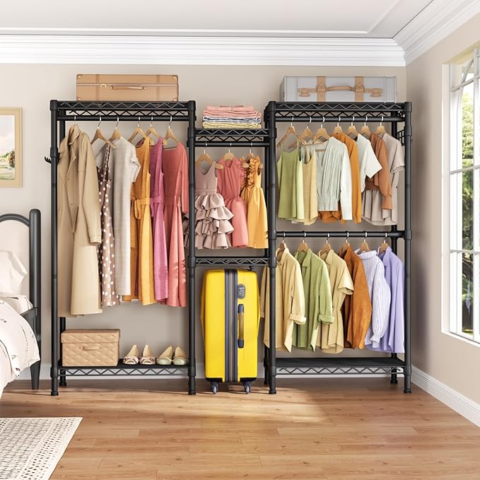 Heavy Duty Garment Rack Clothes Rack,Large Metal Closet Organizer System Storage Wardrobe,Freestanding Clothing Rack with 7 Adjustable Wire Shelves&2 Hang Rods,MaxLoad 1000lbs