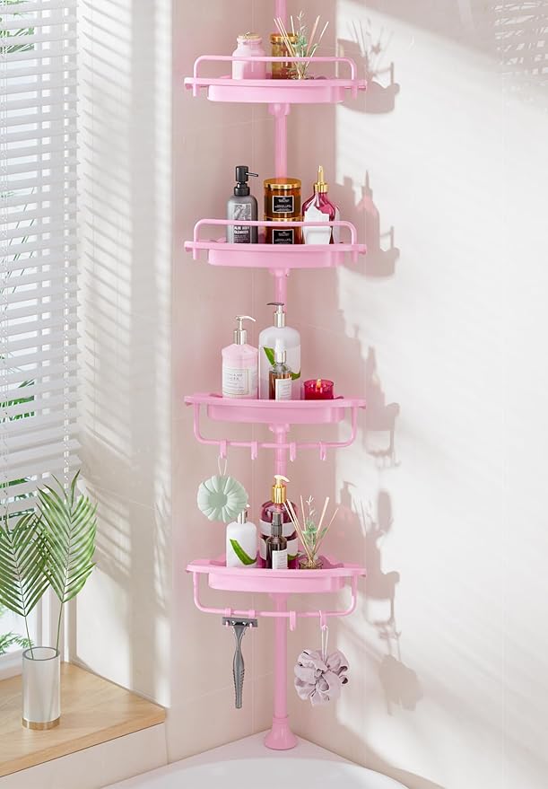 Sturdy Pink Corner Shower Caddy - 4 Tier Adjustable Organizer, Rustproof Stainless Steel, 32-122 Inch
