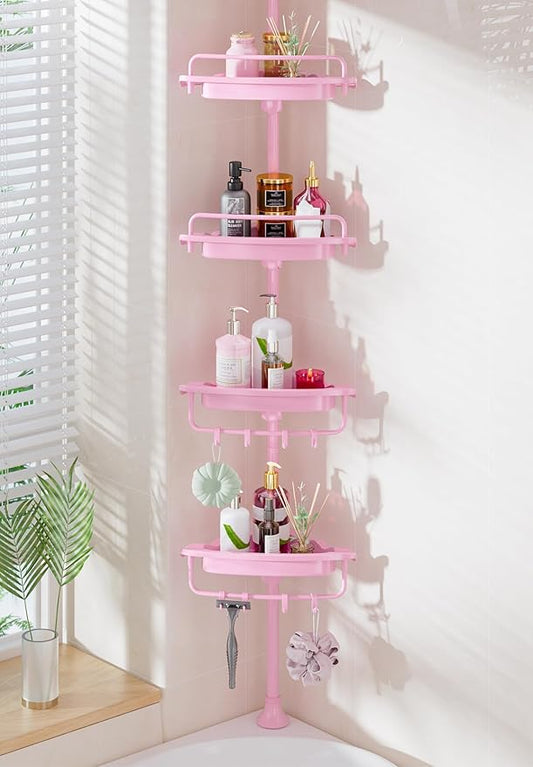 Sturdy Pink Corner Shower Caddy - 4 Tier Adjustable Organizer, Rustproof Stainless Steel, 32-122 Inch