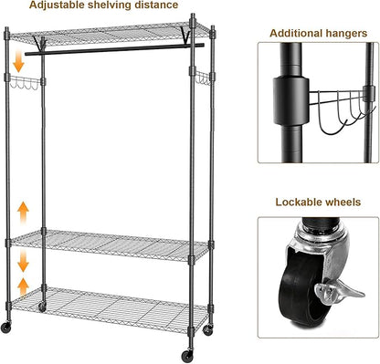 Rolling Garment Rack with Adjustable Wire Shelf, 3 Tired Clothes Rack including 1 Clothes Hanging Bar, 1 Roating Hanger Hooks - Hold Up to 400Lbs (Black, 1Rod 1Hook)