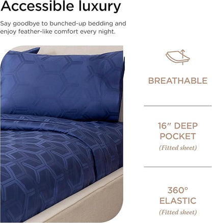Threadmill 100% Cotton Sheets for Queen Size Bed - 600 Thread Count Queen Bed Sheets Set with 16” Deep Pocket - Jacquard Sateen Weave 4-Piece Bedding Set with Cooling Effect, Folkstone Blue
