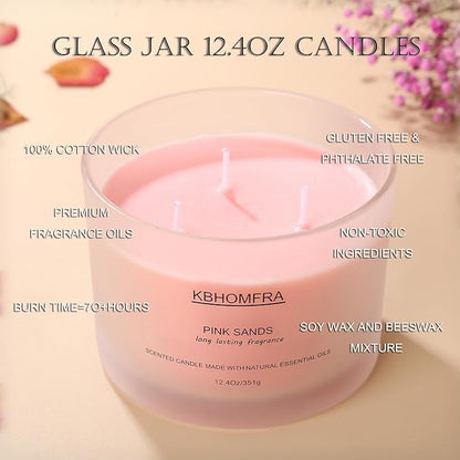 Scented Soy Wax Candle, 12.4 Oz Glass Jar, 70+ Hours Burn Time, Natural Essential Oils, Cotton Wick, Long Lasting Fragrance, Modern Contemporary Style (Gardenia+Pink Sands 2 Pack)