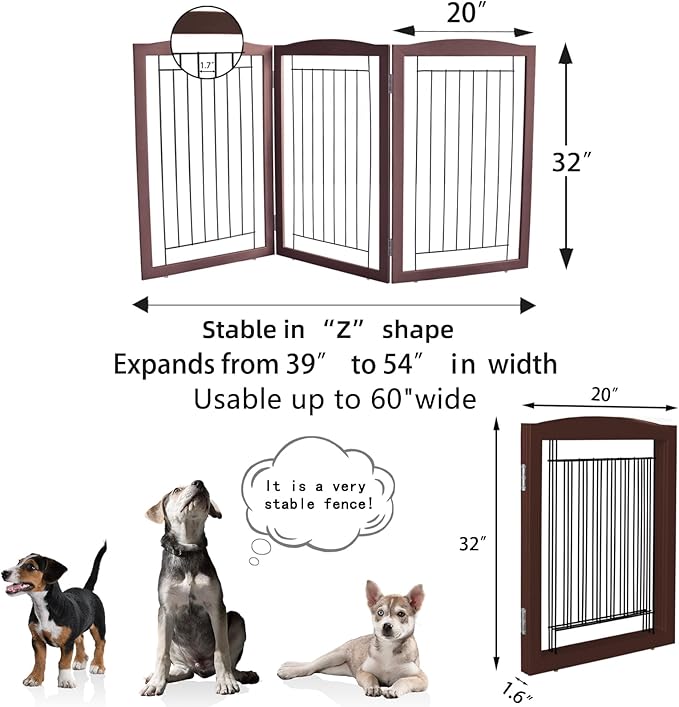 ZJSF Freestanding Foldable Dog Gate for House Extra Wide Wooden Brown Puppy Gate Stairs Dog Gates Doorways Tall Pet Gate 32 "Height 3 Panels Pet Fence