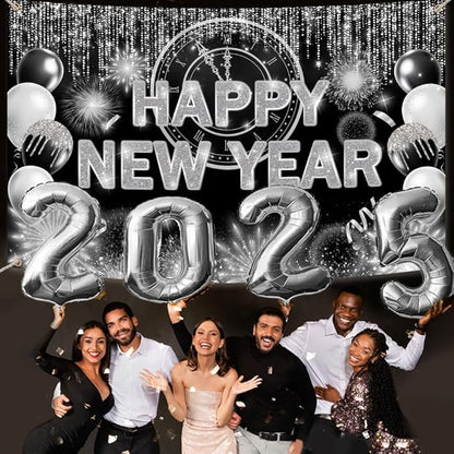 Black Silver Happy New Year Backdrop 2026 Kiss Me at Midnight Photography Background Cheers to The New Year Eve Hello 2026 Party Decorations Firework Banner Photo Props 7X5ft
