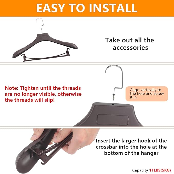 DEDU Suit Hangers for Men 10 Pack, Brown Coat Hangers Extra Wide Non Slip Width 17.7", Thick Plastic with Pants Bar & Metal Hook