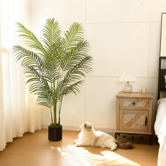 5FT Artificial Palm Tree, Tall Fake Tropical Areca Plant with Black Round Planter for Indoor Outdoor Home Decor, Realistic Faux Palm Tree for Living Room, Office, Porch, Garden