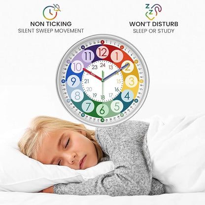 XFM Learning Clock for Kids 12 Inch Colorful Teaching Time Wall Clocks Battery Operated Silent Analog Clock for Kids Room Classroom School Playroom