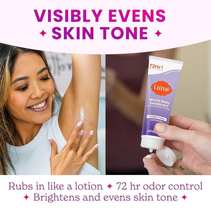 Lume Whole Body Deodorant - Invisible Cream Tube - 72 Hour Odor Control - Aluminum Free, Baking Soda Free, Skin Safe - 3.0 ounce (Pack of 3) (Toasted Coconut, Soft Powder & Clean Tangerine)