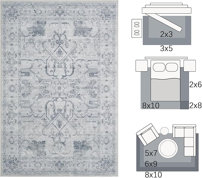 jinchan 6x9 Area Rugs for Living Room Washable Soft Throw Rug Ultra-Thin Stain Resistant Non-Slip Distressed Vintage Floral Large Carpet for Bedroom,Dining Room,Home Office,Nursery (6x9ft,Grey)