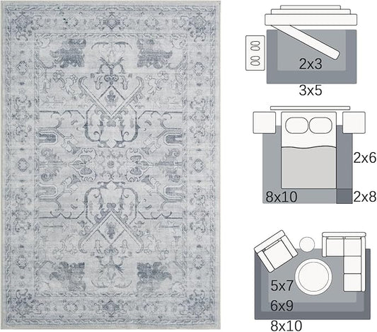 jinchan 6x9 Area Rugs for Living Room Washable Soft Throw Rug Ultra-Thin Stain Resistant Non-Slip Distressed Vintage Floral Large Carpet for Bedroom,Dining Room,Home Office,Nursery (6x9ft,Grey)