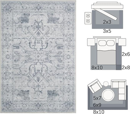 jinchan 2x3 Washable Rug for Entryway - Vintage Floral Ultra-Thin Low Pile Soft Small Non-Slip Distressed Indoor Doormat Accent Rug for Entrance Kitchen Bathroom Bedroom (2x3ft,Grey)