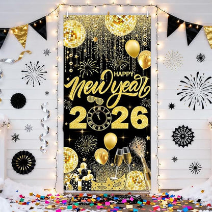 2026 Happy New Year Banner Black and Gold Photography Background New Years Eve Party Decoration Backdrop Holiday Party Hanging Poster Background Banner 35.4x70.8 inch