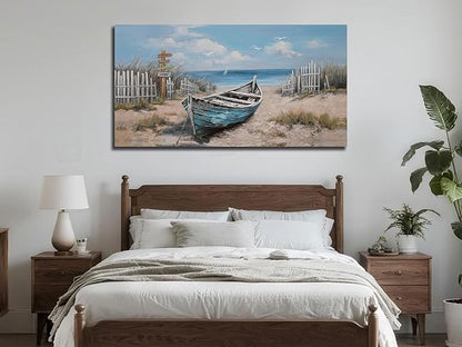 Ardemy Boat Canvas Wall Art for Living Room Large Teal Bedroom Pictures Wall Decor Textured Beach Paintings Artwork Dining Room Home Office Kitchen, 48"x24"