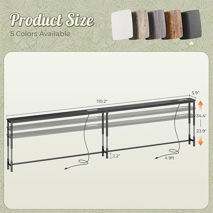 Huuger 110.2 Inch Sofa Table with Power Outlets, 23.9’’-34.4’’ Height Adjustable Range, Behind Couch Table with USB-C Ports, Sofa Tables Narrow Long, Skinny Console Table, for Small Spaces, Black