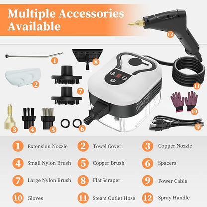 Steam Cleaner, Handheld Steam Cleaner for Home Car Furniture Bathroom, 2500W High Pressure Steam Cleaner, 1.2L Water Capacity, 6 Adjustable Speeds, 4 Brush Heads, Steamer for Cleaning (White)