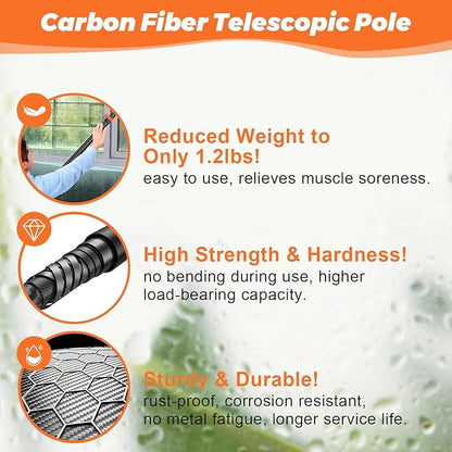 Window Squeegee with Carbon Fiber Extension Pole for Home, 3.5 to 12Ft Window Cleaning Kit Tool Outdoor, Lightweight Professional Window Washing Kit with Rotatable Head & 2 Scrubbers, 2 in 1