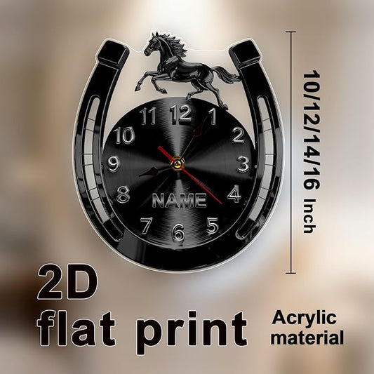 Personalized Horseshoe Name Wall Clock for Horse Lovers 2D Acrylic Printing Custom Name Clock Decorative Wall Clocks Suitable for Reception Rooms Conference Rooms Offices (Black Horseshoe)