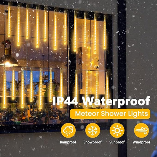 2-Pack Christmas Decorations Lights Outdoor, Total 384LED Meteor Shower Lights with Timer, 30cm 16 Tubes Indoor Outdoor Snow Cascading String Light for Xmas Tree Roof Party Garden Decor (Warm White)