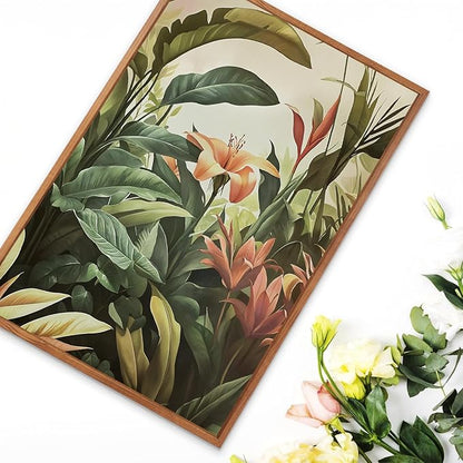 HLNIUC Boho Tropical Leaves Framed Canvas Wall Art,Abstract Flower Wall Decor Set of 3(24”x36”)Modern Green Plant Banana Leaf Art Print,Tropical Botanical Jungle Painting for Living Room Bedroom Office