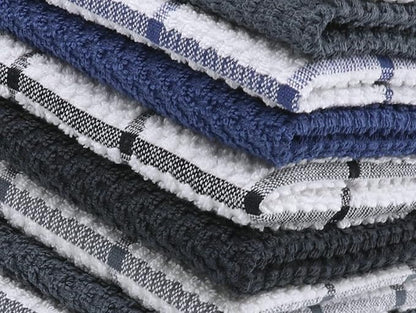 Cotton Grid Dish Cloths, Terry Cleaning Rags, 12 x 12 Inches, Light and Soft, Quick Drying Dish Rags, 8pc/Set (Blue Multi)