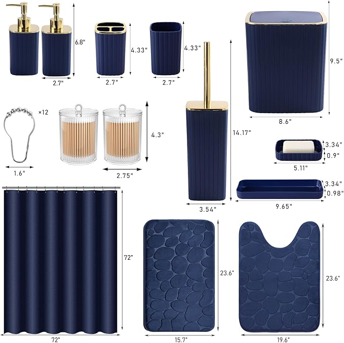 Bathroom Set with Shower Curtain and Rugs- 25PC Blue Bathroom Accessory Set, Navy Blue Shower Curtain Set, Toilet Brush, Trash Can, Qtip Holder Dispenser & Soap Dispenser