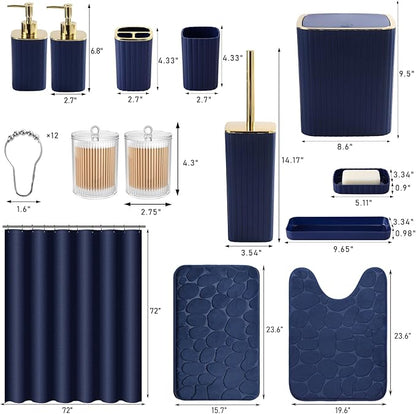Bathroom Set with Shower Curtain and Rugs- 25PC Blue Bathroom Accessory Set, Navy Blue Shower Curtain Set, Toilet Brush, Trash Can, Qtip Holder Dispenser & Soap Dispenser