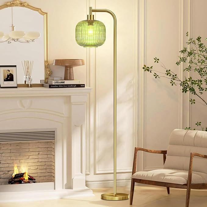 Glass Floor Lamp for Living Room,Bedroom,Dimmable Standing Lamp with Remote,Gold Brass Tall Lamp Mid Century Modern Floor Lamps Green LampShade Boho Vintage Retro Farmhouse Floor Light Bohemian