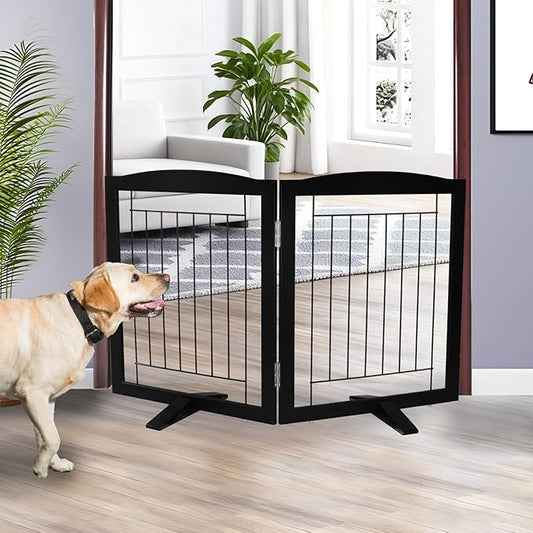 ZJSF Freestanding Dog Fence Indoor, Foldable Dog Gate for Doorways, Stairs or Hallways, Sturdy Wood Extra Wide Pet Gate with Support Feet for The House, Black, 24 "Height-2 Panels