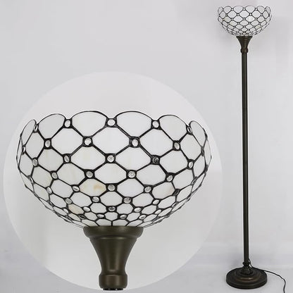 WERFACTORY Tiffany Floor Lamp Cream Amber Stained Glass Bead Light 12X12X71 Inches Pole Torchiere Standing Corner Torch Uplight Decor Bedroom Living Room Home Office (LED Bulb Included) S005 Series