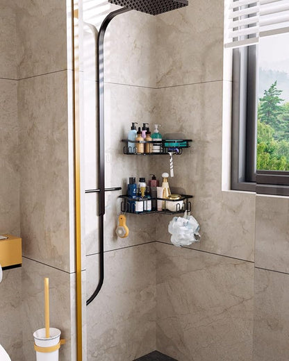 HapiRm Corner Shower Caddy with Shampoo Holder, 2-Pack Shower Organizer Shower Storage Shelf with 11 Hooks, No Drilling Rust Proof Stainless Steel Corner Shower Shelf with 6 Pack Adhesives (Black)