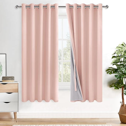 XWZO 100% Blackout Curtains 63 Inches Length with Tiebacks- Heat and Full Light Blocking Window Treatment with Black Liner for Bedroom/Nursery, Grommet Top, Blush Pink, W60 x L63, Set of 2