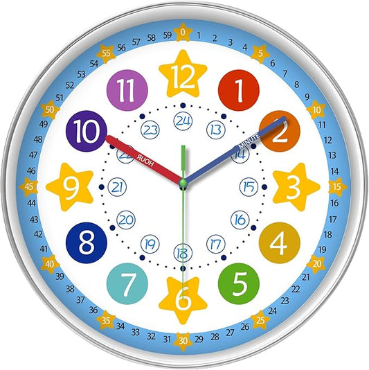 XFM Blue Kids Wall Clock 14 Inch Silent Non Ticking Quartz Battery Operated Decorative Time Teaching Clock for Children Bedroom Nursery Room Classroom