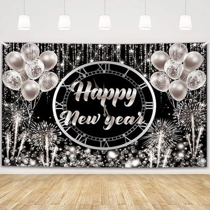 MEHOFOND Happy New Year Backdrop 2026 New Year Party Decorations Banner Black and Sliver Happy New Year's Eve Banner Sliver Balloons Glitter New Years Backdrop 6x3.6ft