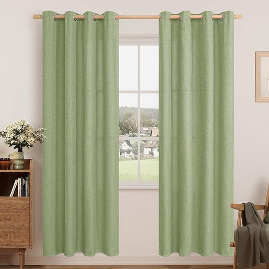 LAMIT Sage Green Linen Curtains 80 Inch Length, Soft Thick Linen Textured Window Drapes Light Filtering Grommet Farmhouse Boho Decor Panels for Living Room/Bedroom, 2 Panels, 52 x 80 Inch
