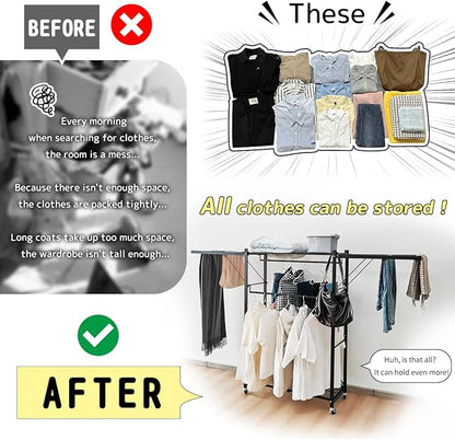 lumizone Folding Clothing Rack with Wheels Expandable Wardrobe Portable Clothes Rack for Hanging Clothes Adjustable Closet Shelves Garment Rack Durable Closet Racks for Hanging Clothes (Pro Black)