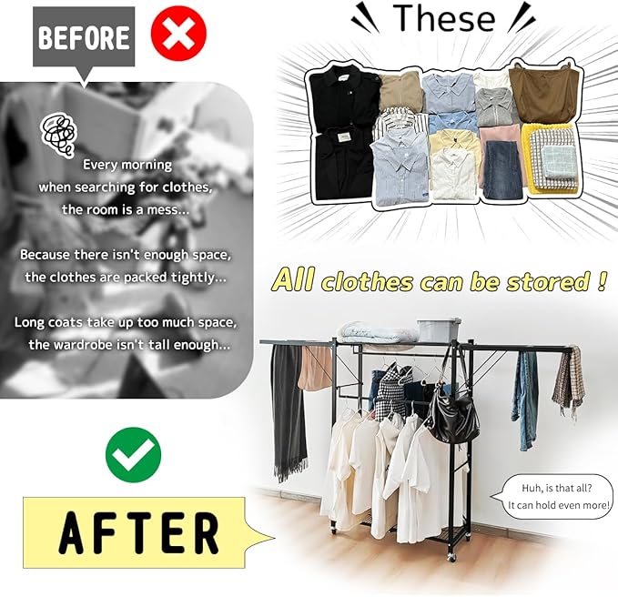 lumizone Folding Clothing Rack with Wheels Expandable Wardrobe Portable Clothes Rack for Hanging Clothes Adjustable Closet Shelves Garment Rack Durable Closet Racks for Hanging Clothes (Pro White)