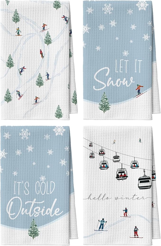 Artoid Mode Xmas Tree Snowflakes Cable Car Ski Winter Bar Kitchen Towels, 12x24 Inch Quick Dry Microfiber Cloth Dish Towels for Drying Set of 4
