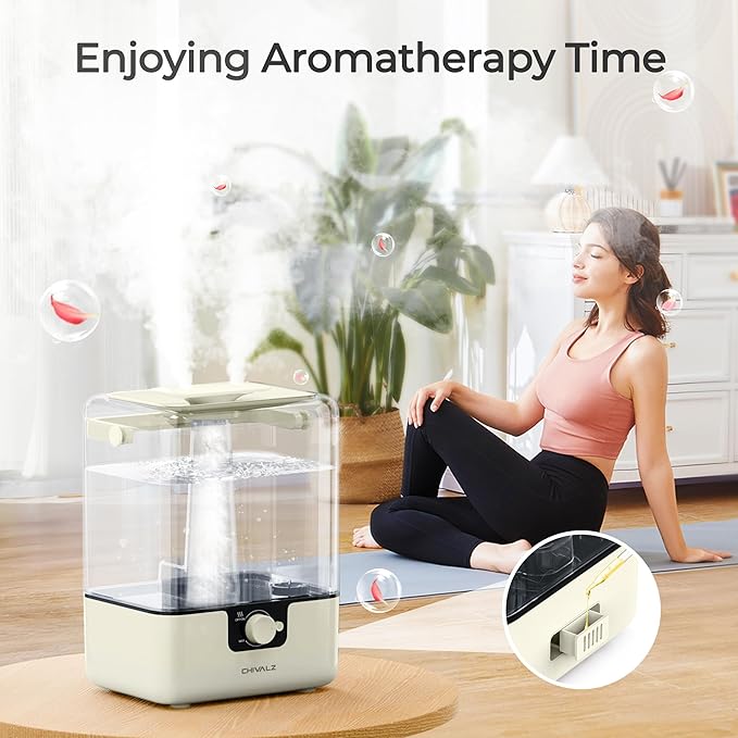 CHIVALZ Humidifiers for Bedroom, 6L Cool Mist Humidifiers for Baby Nursery, 26dB Quiet, 50H Runtime, Top Fill Humidifier for Large Room, Home, Plants, Nightlight, Oil Diffuser 1 Pack CreamyYellow