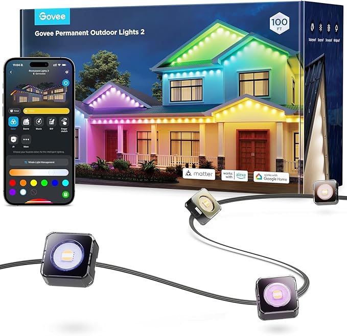 Govee Permanent Outdoor Lights 2, 100ft RGBIC Outdoor Lights with 72 LED Lights, IP67 Waterproof, 100 Scene Modes with 40lm White for Outdoor Decorations, Works with Alexa, Google Assistant, Black