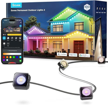 Govee Permanent Outdoor Lights 2, 100ft RGBIC Outdoor Lights with 72 LED Lights, IP67 Waterproof, 100 Scene Modes with 40lm White for Outdoor Decorations, Works with Alexa, Google Assistant, Black