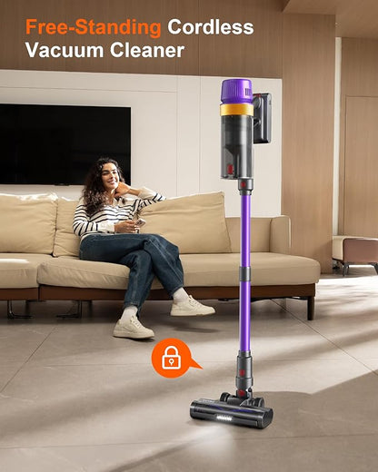 Cordless Vacuum Cleaner, 580W 50Kpa Suction, 70Mins Runtime, Self-Standing Stick Vacuum with LED Display, V-Shape Anti-Tangle Brush for Hard Floor Carpets Pet Hair