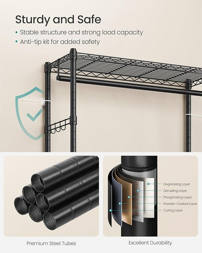 SONGMICS Heavy-Duty Rolling Clothes Rack, Garment Rack, Portable Closet, 35.4-Inch Wide Clothing Rack on Wheels, with Adjustable Mesh Shelves and Hanging Rails, Hooks, Ink Black ULGR413B01