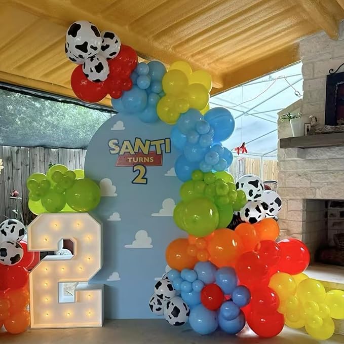Toy Inspired Story Balloons, 12 Inch Cow Print Sky Blue Cloud Balloons Red Blue Yellow Green Balloons for Kids Boys Birthday Party Farm Themed Party Decorations