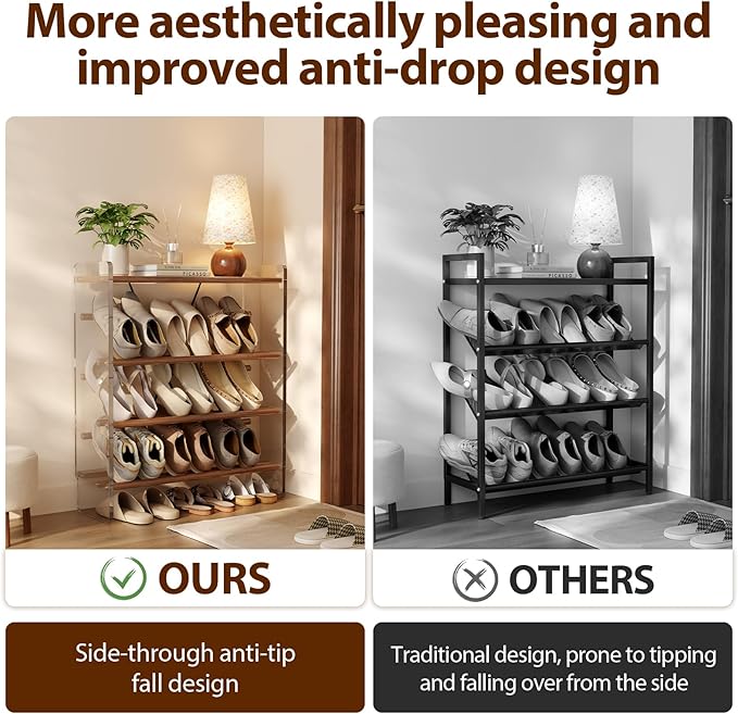 Free Standing Shoe Rack & Closet Shoe Shelf, for Entryway Small Space, Front Door, Garage, 4-Tier Slanted, Solid Wood & Acrylic Frame with Top Shelf Storage
