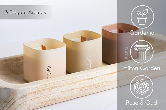 Set of 3 Premium Scented Soy Candles Gift Set | Nature's Bloom Collection - Gardenia, Hilton Garden and Rose & Oud | Crackling Wood Wick | Luxury Candles for Relaxation, Home Décor, Gifts | 9.8oz Each