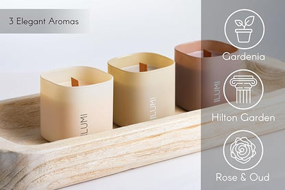 Set of 3 Premium Scented Soy Candles Gift Set | Nature's Bloom Collection - Gardenia, Hilton Garden and Rose & Oud | Crackling Wood Wick | Luxury Candles for Relaxation, Home Décor, Gifts | 9.8oz Each
