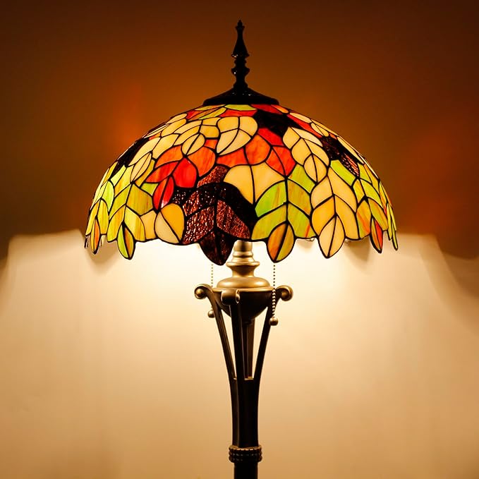 Tiffany Floor Lamp Maple Leaf Stained Glass Standing Reading Light 16X16X70 Inches Antique Pole Corner Lamp Decor Bedroom Office Living Room