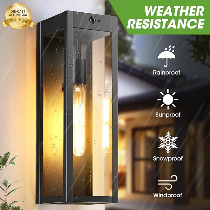 15.3" Large Motion Sensor Exterior Wall Light Sconces 2-Pack, Waterproof Dusk to Dawn Black Exterior Lighting Fixtures Wall Mount with 3 Lighting Modes, Outdoor Porch Coach Lights for Garage House