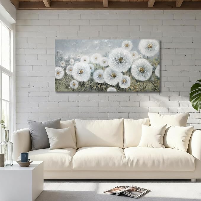Ardemy Dandelion Wall Art Large Floral Pictures Wall Decor Living Room Flowers Paintings Textured Artwork for Walls Bedroom Bathroom Kitchen Dining Room Home Office, 40"x20"