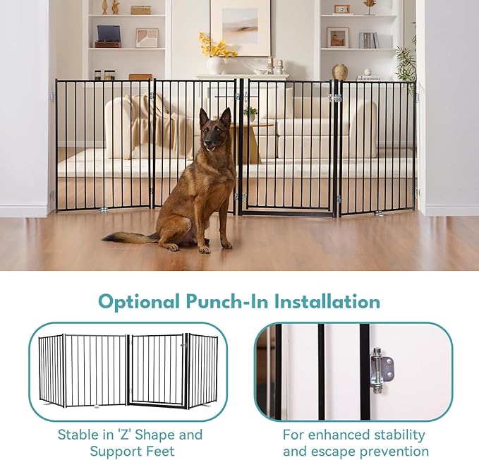 No Pawblems Free Standing Dog Gate with Door, 36'' Tall Foldable Dog Fence for Indoor & Outdoor, Up to 156 Inch Extra Wide Puppy Gate for Stairs, Hallways, Doorways, Deck, Yard (Black, 6 Panels)